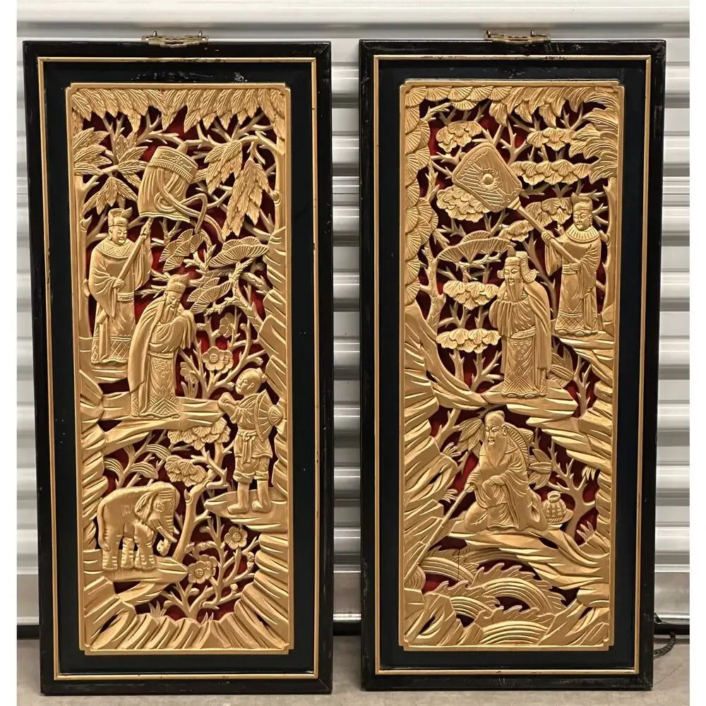 Chinese Gilded Hand-Carved Wood Lacquer Scholars Relief Wall Decor Panel Set